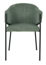 Grüner Armlehnstuhl mit geripptem Stoffbezug und schwarzen Metallbeinen, Frontalansicht