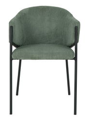 Grüner Armlehnstuhl mit geripptem Stoffbezug und schwarzen Metallbeinen, Frontalansicht