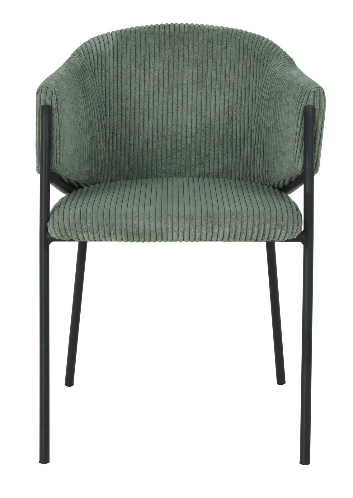 Grüner Armlehnstuhl mit geripptem Stoffbezug und schwarzen Metallbeinen, Frontalansicht