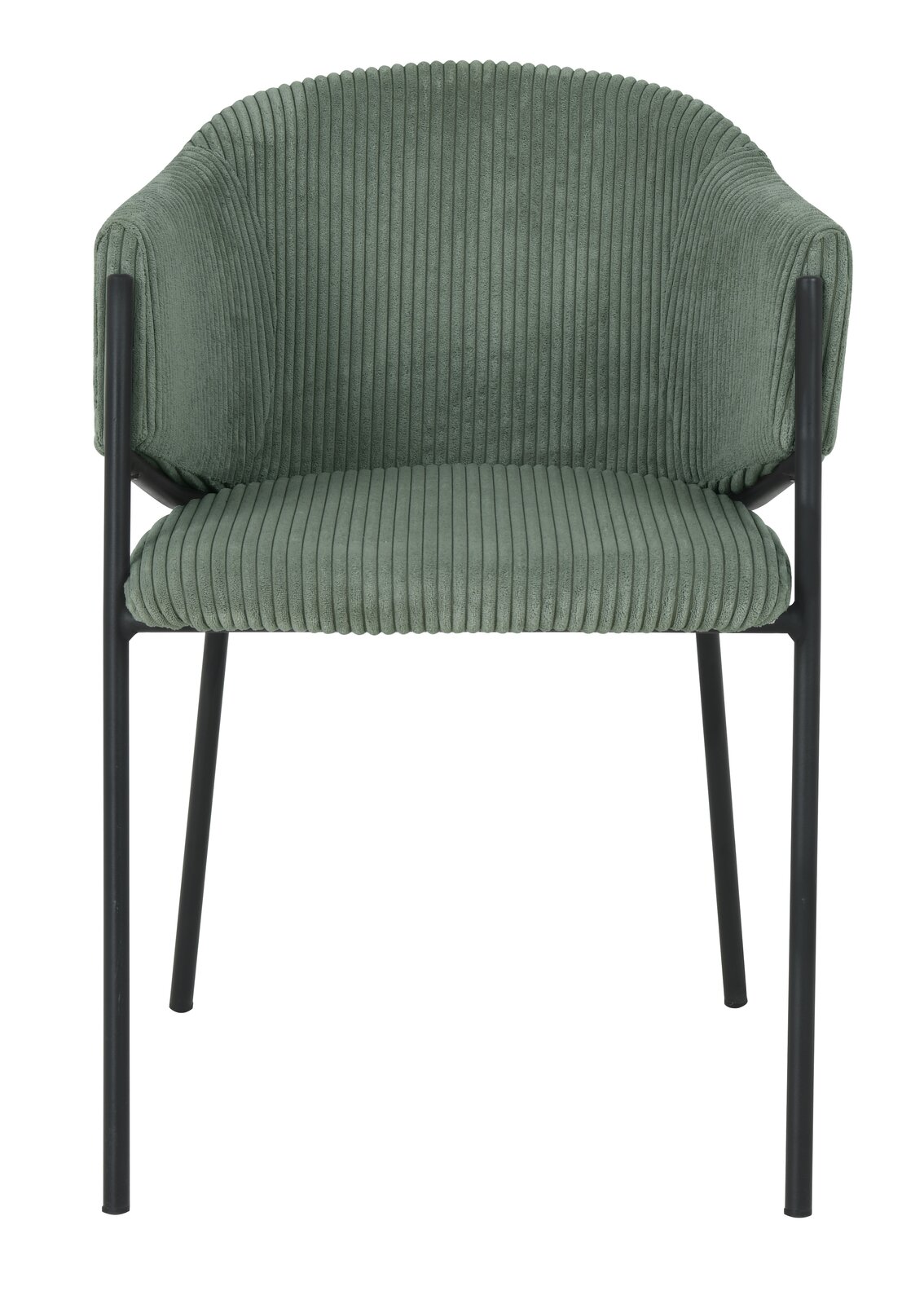 Grüner Armlehnstuhl mit geripptem Stoffbezug und schwarzen Metallbeinen, Frontalansicht