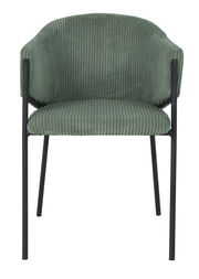 Grüner Armlehnstuhl mit geripptem Stoffbezug und schwarzen Metallbeinen, Frontalansicht