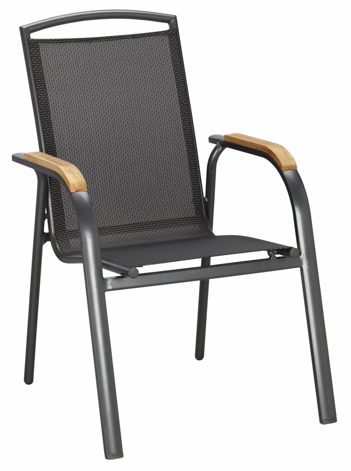 Ambia Garden Stapelsessel PLANO Gartenstuhl mit anthrazitfarbenem Metallgestell, Textilene-Sitz- und Rückenfläche sowie Holz-Armlehnen, freigestellt auf Weiß, in schräger Vorderansicht