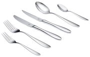 Elegantes 72-teiliges Besteckset aus Edelstahl, bestehend aus Gabeln, Messern und Löffeln, in seitlicher Perspektive.