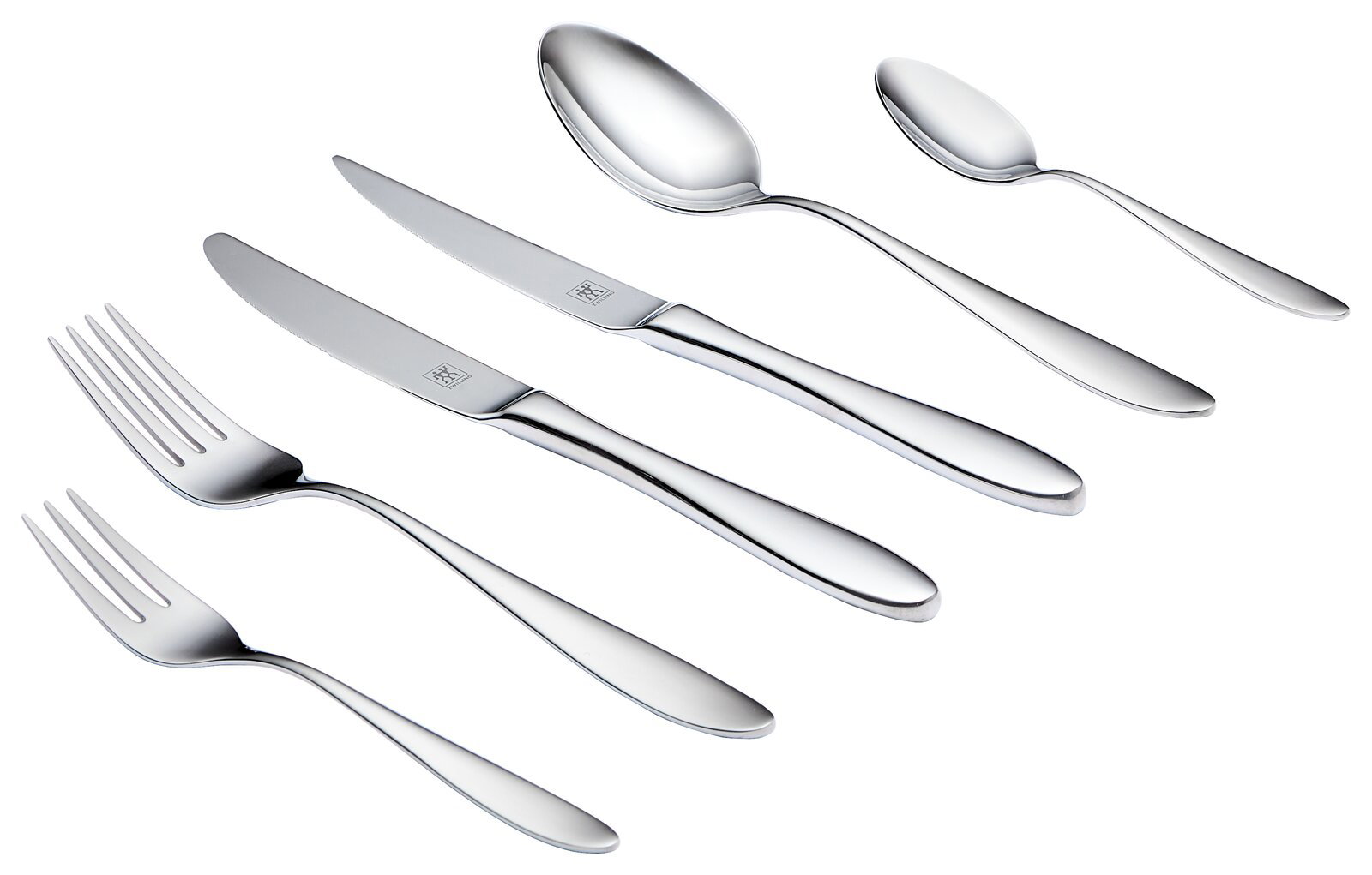 Elegantes 72-teiliges Besteckset aus Edelstahl, bestehend aus Gabeln, Messern und Löffeln, in seitlicher Perspektive.