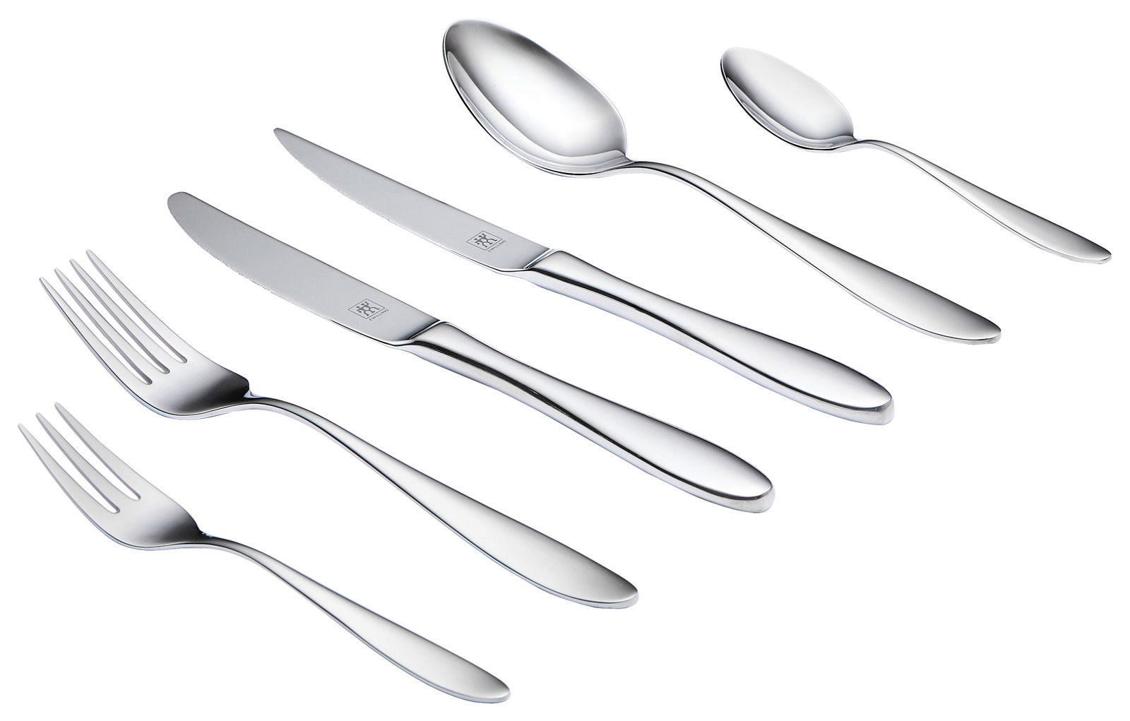 Elegantes 72-teiliges Besteckset aus Edelstahl, bestehend aus Gabeln, Messern und Löffeln, in seitlicher Perspektive.