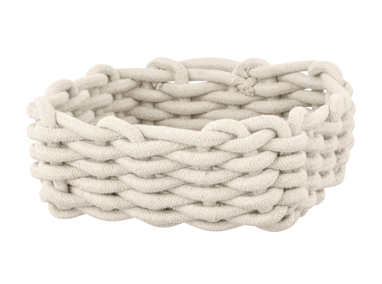 Geflochtener Badkorb Melara M in natürlicher Farbe, aus dicker Kordel, seitliche Perspektive