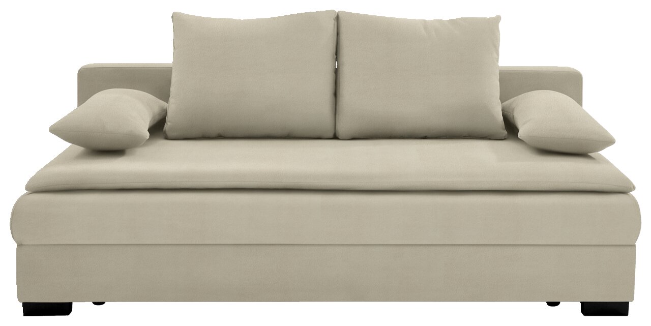 Beige functionele bank met twee rugkussens en twee armleuningkussens, gezien vanaf de voorkant.