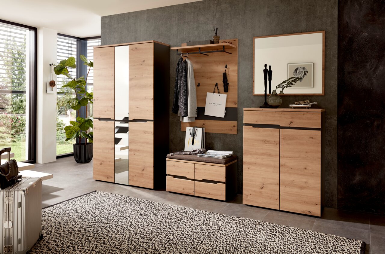 Voleo Garderoben-Set DETROIT Garderoben-Set in moderner Holzoptik mit Spiegel, Schrank, Sitzbank und Wandregal, seitliche Perspektive