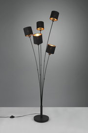 Moderne Stehleuchte TOMMY mit fünf schwarzen Lampenschirmen, die auf gebogenen Armen montiert sind, seitliche Perspektive.