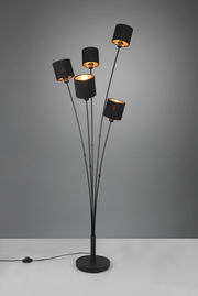 Moderne Stehleuchte TOMMY mit fünf schwarzen Lampenschirmen, die auf gebogenen Armen montiert sind, seitliche Perspektive.