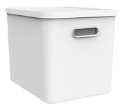 Weiße Archivbox mit Griff, perspektivisch von vorne links fotografiert.