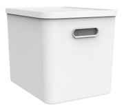 Weiße Archivbox mit Griff, perspektivisch von vorne links fotografiert.