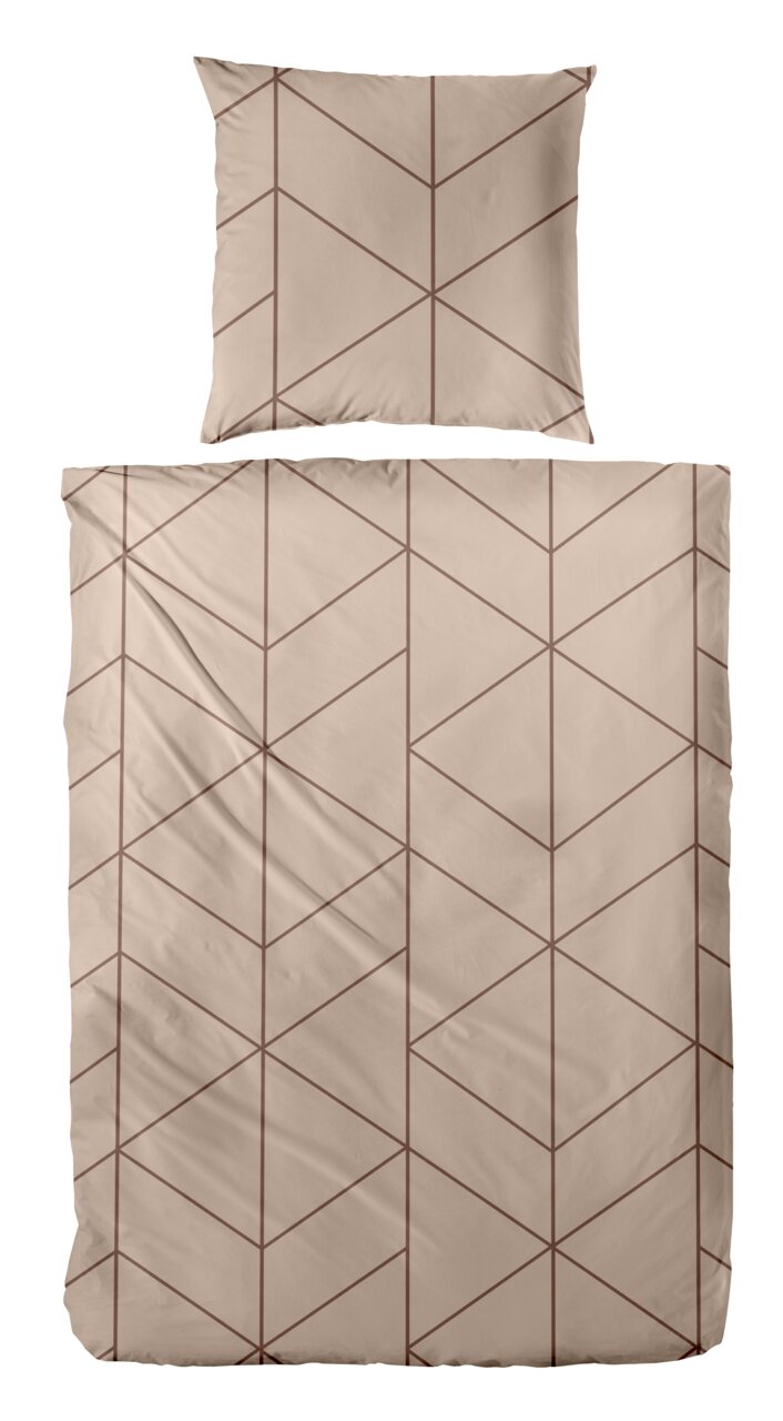 Beige Bettwäsche-Set mit geometrischem Linienmuster in Braun, bestehend aus Bettbezug und Kissenbezug, Draufsicht von oben