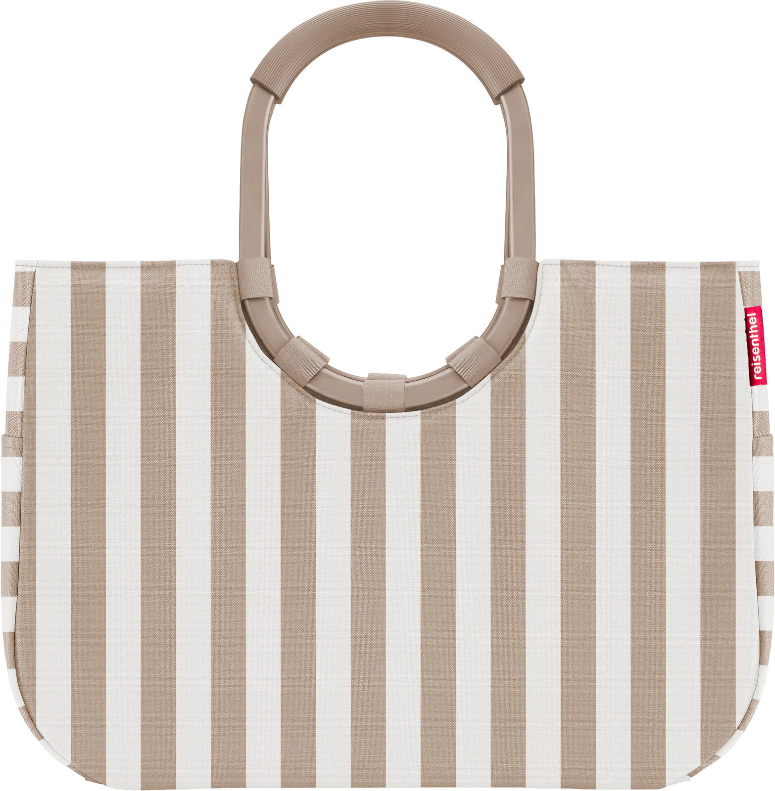 Gestreifte Einkaufstasche/Shopper in Beige und Weiß mit ovalen Tragegriffen, Vorderansicht vor weißem Hintergrund