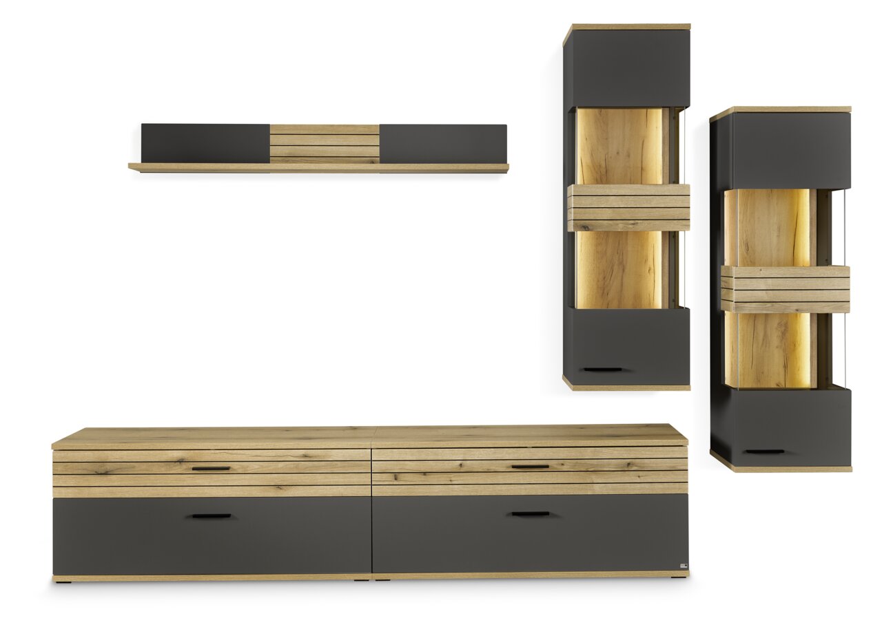 Moderne wandplankenset in houtlook met zwarte accenten, bestaande uit een lange plank en twee verticale kastjes, gezien vanaf de voorkant.
