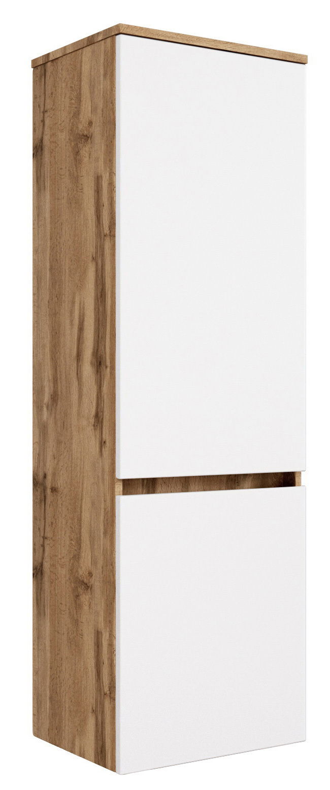 XORA Midi-kast LUCCA Moderner Midischrank mit Holzoptik und weißen Fronten, seitliche Perspektive