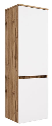 Moderner Midischrank mit Holzoptik und weißen Fronten, seitliche Perspektive