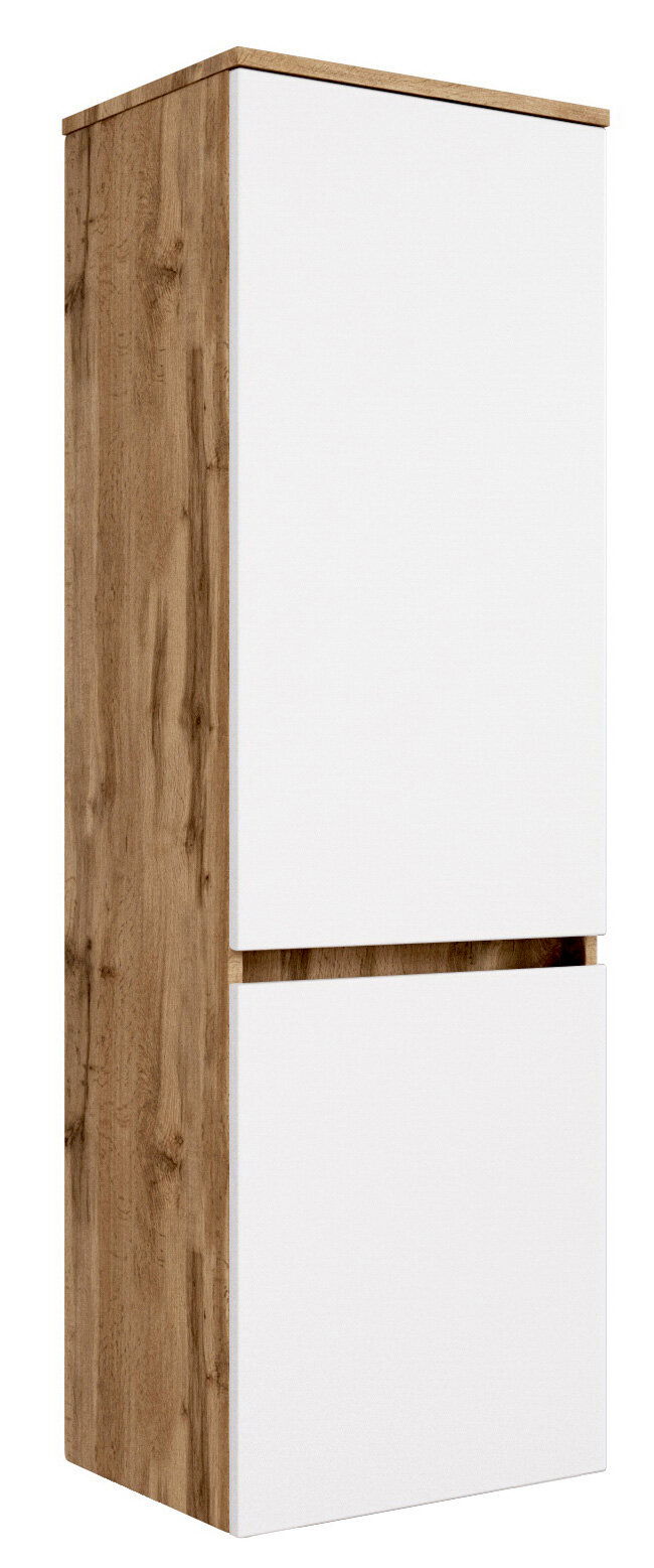 XORA Midischrank LUCCA Moderner Midischrank mit Holzoptik und weißen Fronten, seitliche Perspektive