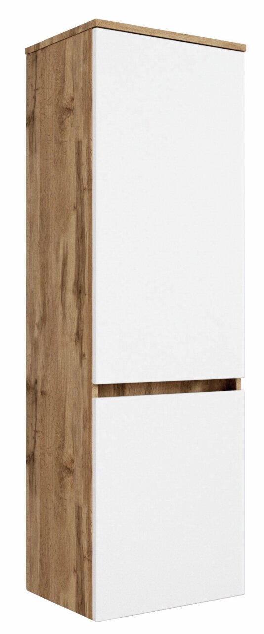 Moderner Midischrank mit Holzoptik und weißen Fronten, seitliche Perspektive