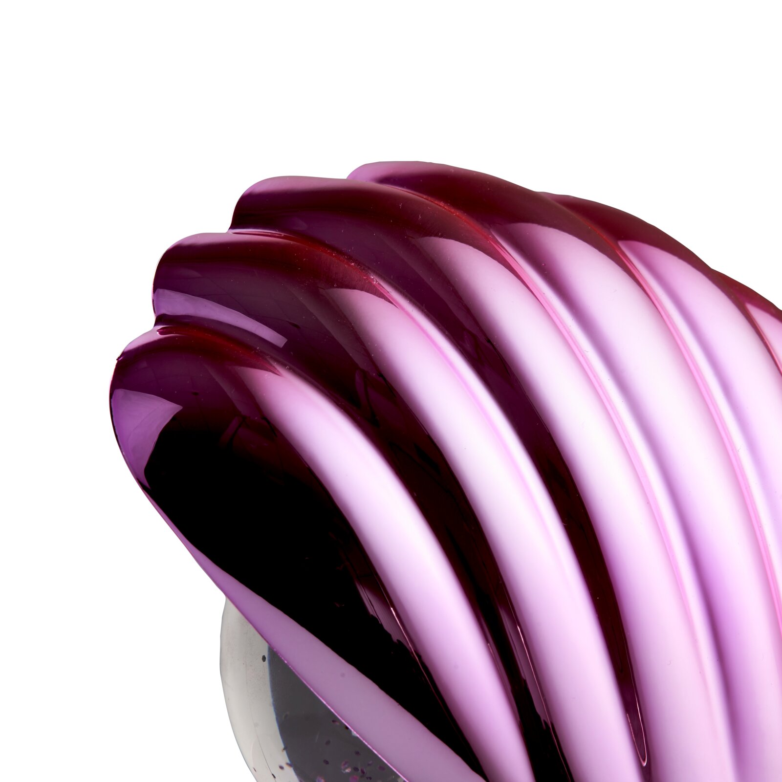 Nahaufnahme einer LED-Tischleuchte mit glänzender, wellenförmiger Oberfläche in violetten Farbtönen.
