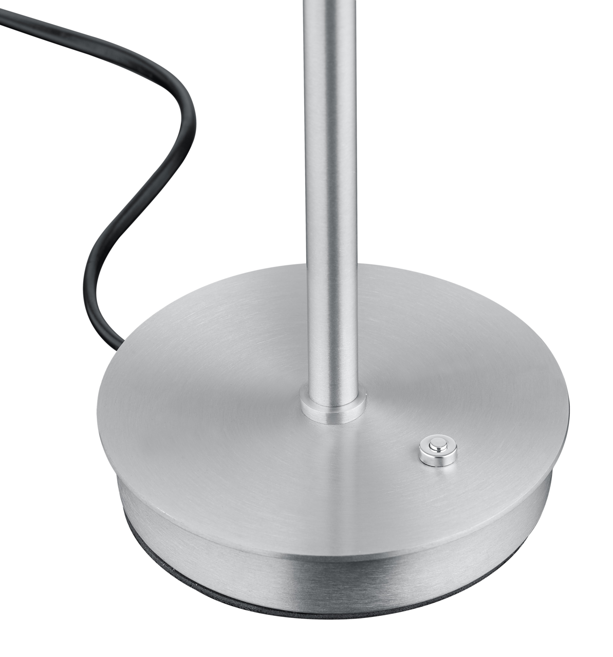 Nahaufnahme der Basis einer LED-Tischleuchte aus gebürstetem Metall mit schwarzem Kabel.