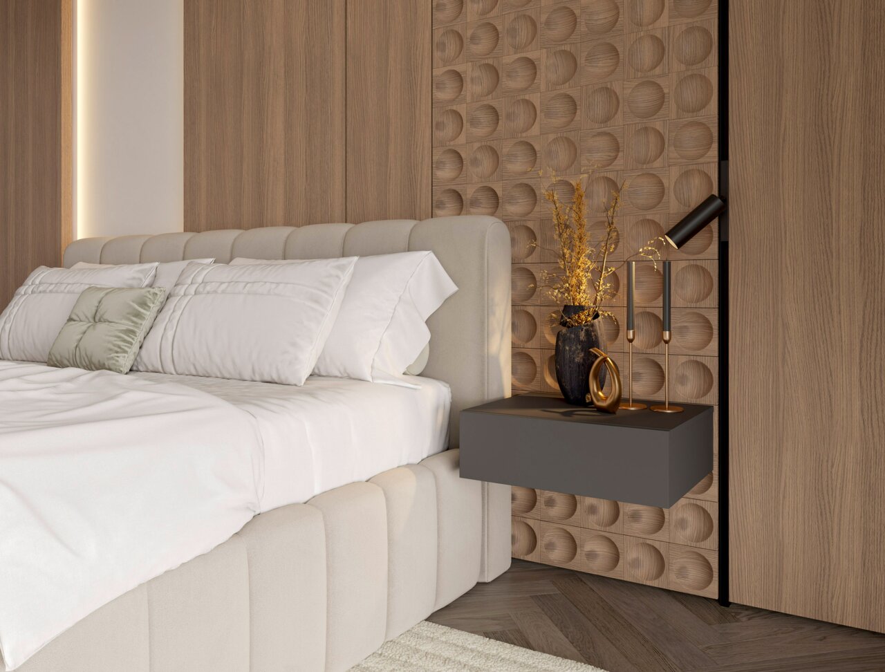 Moderne hangende console in een stijlvolle slaapkamer, gezien vanaf de zijkant, met decoratieve elementen en verlichting.