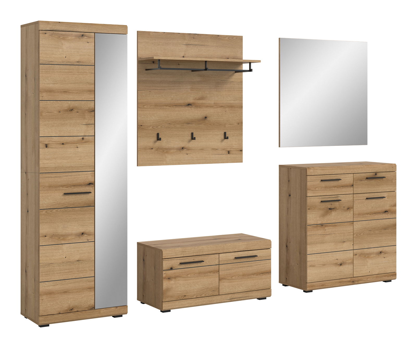MID.YOU Garderobeset, 5-delig SCOUT Garderoben-Set 5-teilig in Holzoptik mit Spiegel, Hakenleiste, Schuhschrank und Kommode, seitliche Perspektive