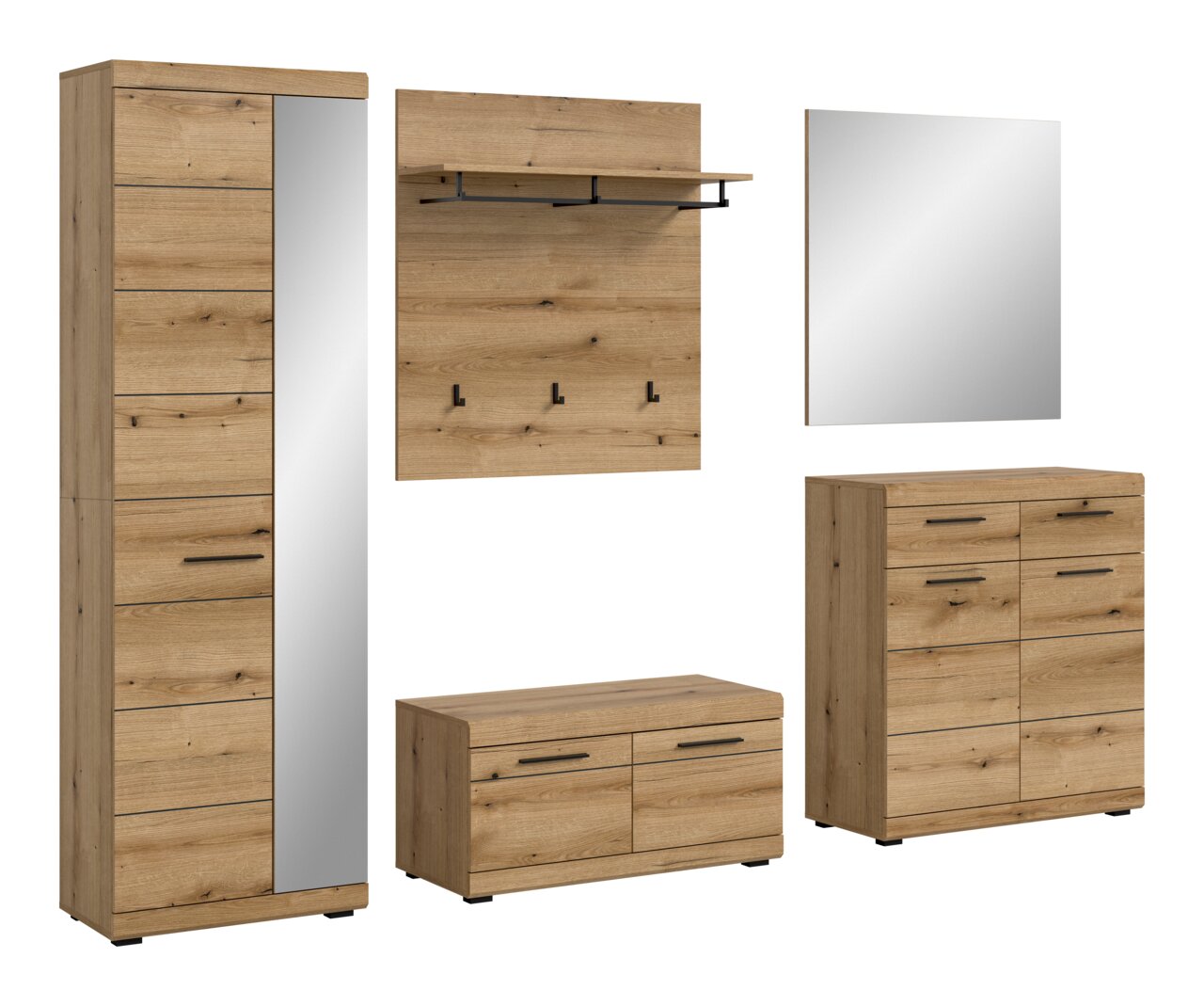 Garderoben-Set 5-teilig in Holzoptik mit Spiegel, Hakenleiste, Schuhschrank und Kommode, seitliche Perspektive