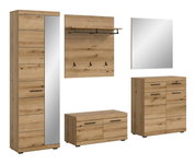 Garderoben-Set 5-teilig in Holzoptik mit Spiegel, Hakenleiste, Schuhschrank und Kommode, seitliche Perspektive