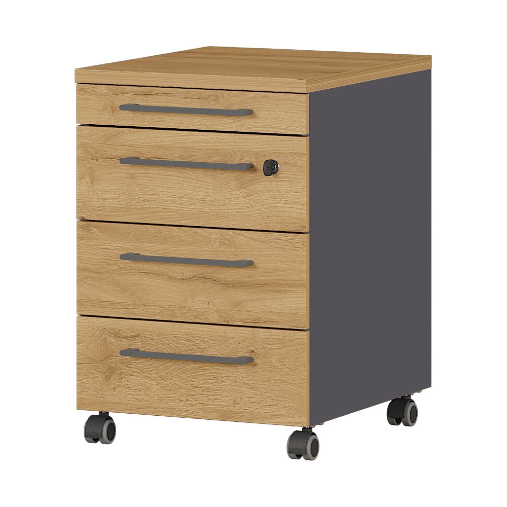 MID.YOU Rollcontainer AGENDA HOME Rollcontainer mit vier Schubladen in Holzoptik und grauen Seiten, auf Rollen, perspektivisch von vorne rechts