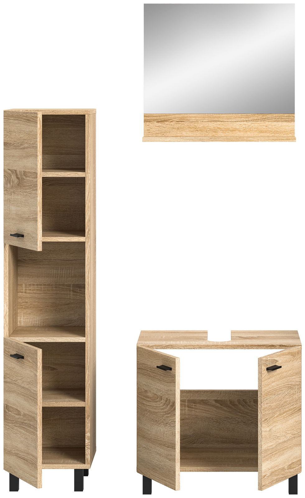 Badkombination aus Holzoptik mit einem hohen Schrank, einem Waschtischunterschrank und einem Spiegel. Frontalansicht.