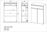 Zeichnung eines Aktenschranks mit den Maßen Breite: 80 cm, Höhe: 120 cm, Tiefe: 40 cm, Vorderansicht, Seitenansicht und perspektivische Ansicht.