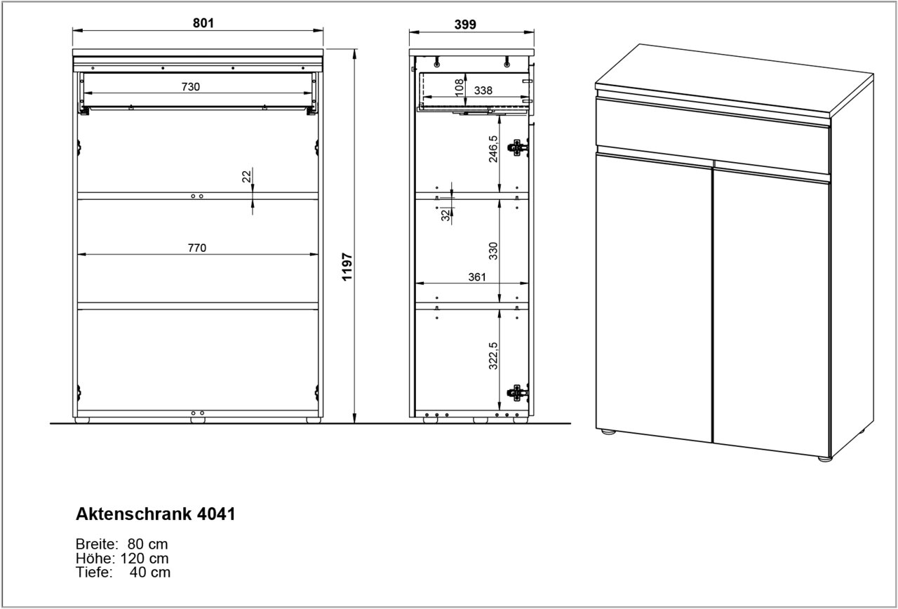 Zeichnung eines Aktenschranks mit den Maßen Breite: 80 cm, Höhe: 120 cm, Tiefe: 40 cm, Vorderansicht, Seitenansicht und perspektivische Ansicht.
