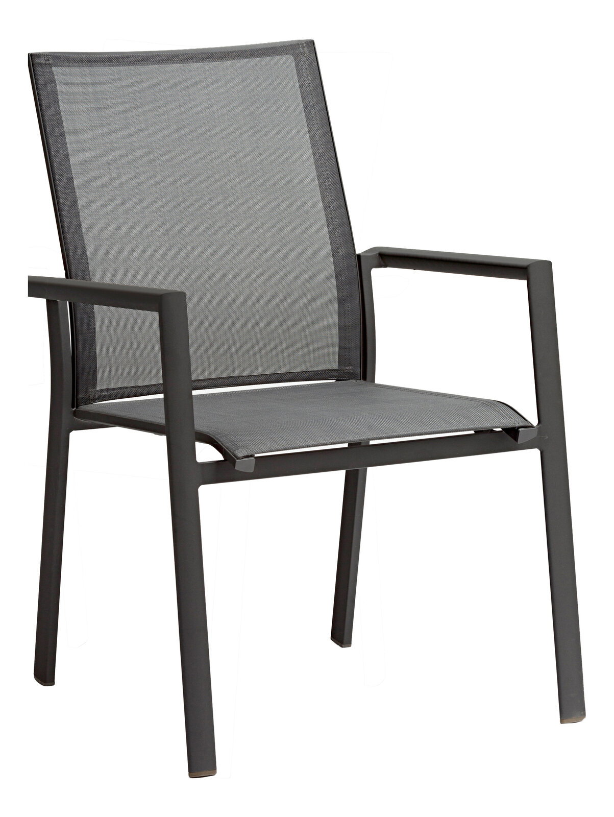 Moderner Stapelsessel aus Metall mit grauem Netzgewebe, seitliche Perspektive