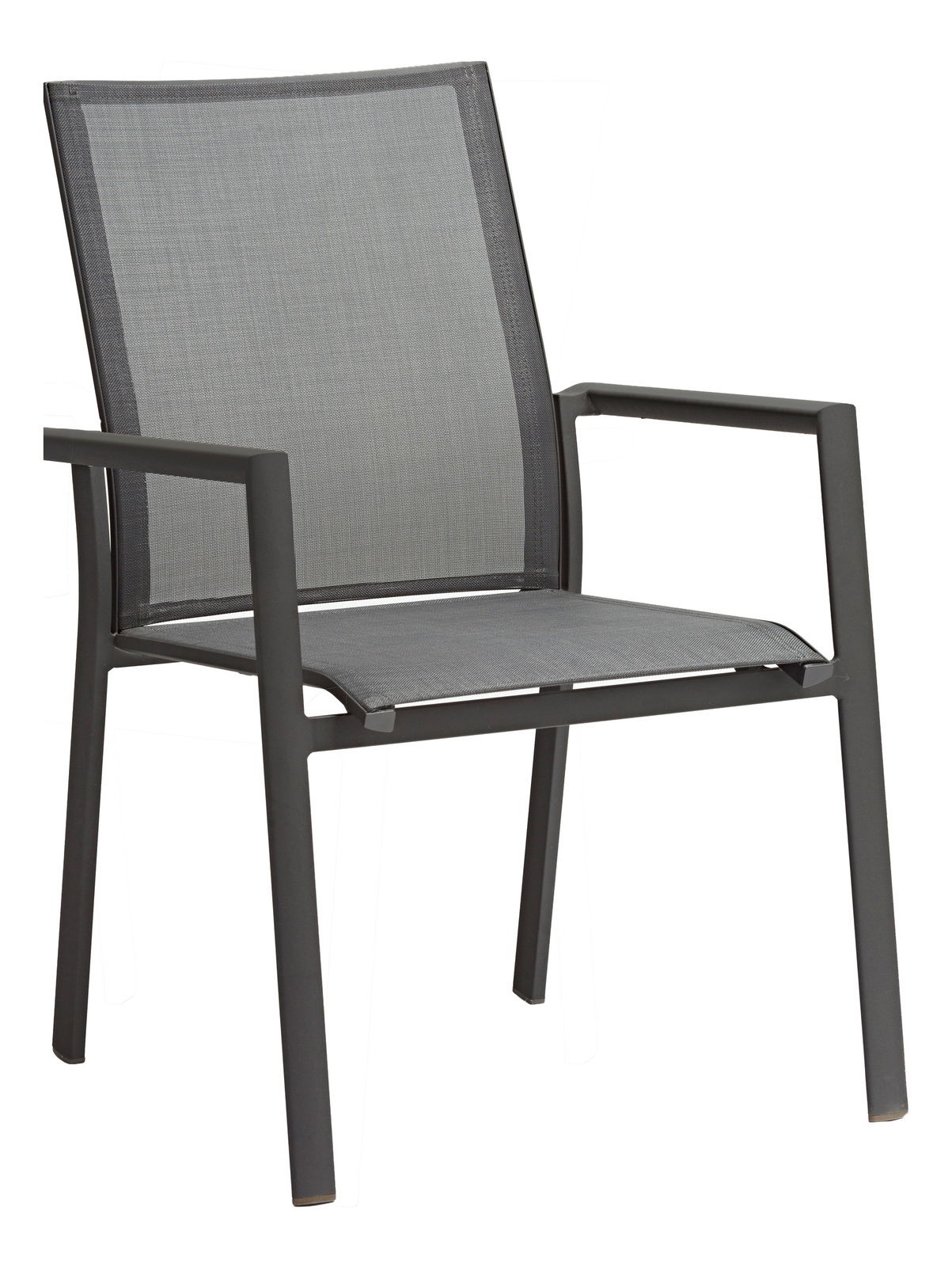 Moderner Stapelsessel aus Metall mit grauem Netzgewebe, seitliche Perspektive