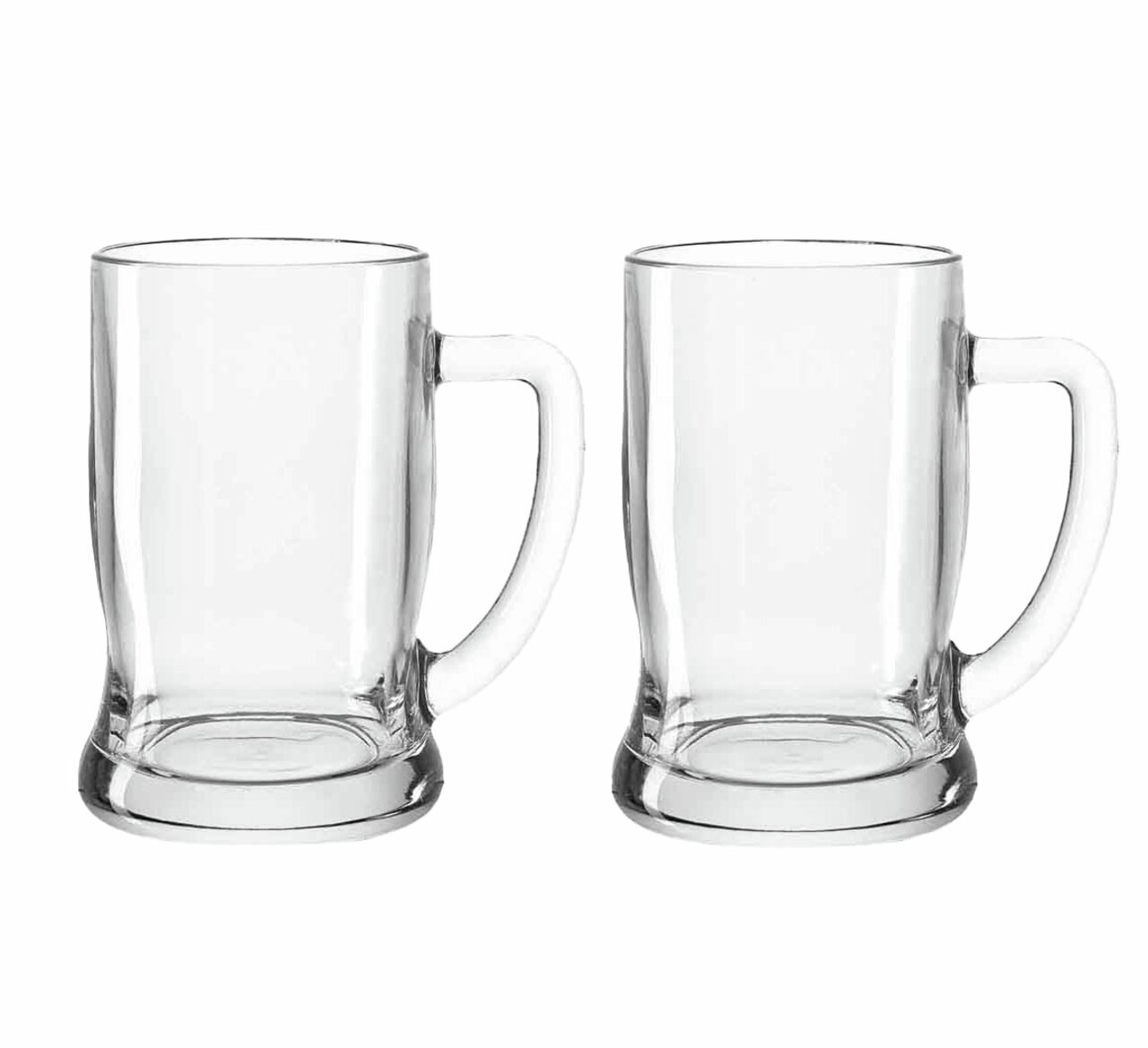 Zwei transparente Bierseidel aus Glas, 500ml, mit Henkel, frontal abgebildet.