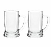 Twee doorzichtige glazen bierpullen, 500 ml, met oor, afgebeeld van voren.