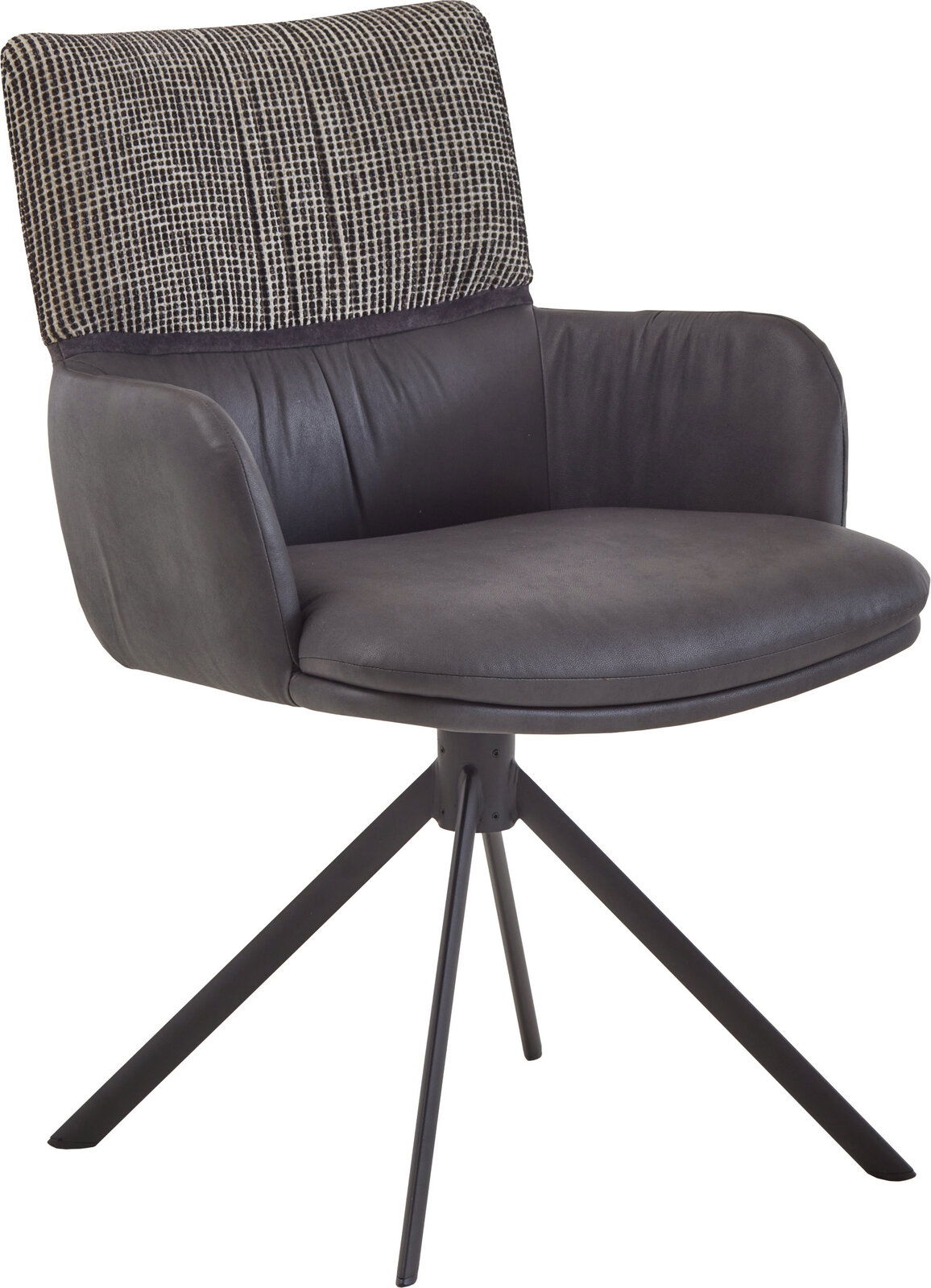 Valdera Armlehnstuhl TREVISO Moderner Drehstuhl mit schwarzer Polsterung, Armlehnen und gepolsterter Rückenlehne mit schwarz-weißem Muster, auf schwarzem Metallkreuzfuß, freigestellt auf weißem Hintergrund, Ansicht schräg von vorne