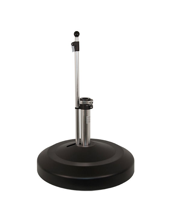 Schwarzer Schirmständer mit silbernem Rohr, frontal fotografiert