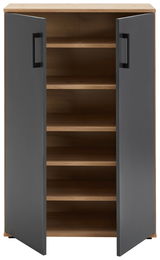 Moderner Schuhschrank mit offenen Türen, Holzoptik und grauen Fronten, frontal betrachtet