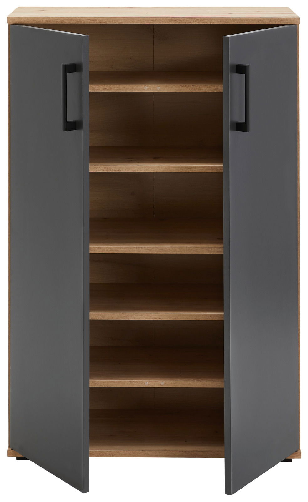 Moderner Schuhschrank mit offenen Türen, Holzoptik und grauen Fronten, frontal betrachtet