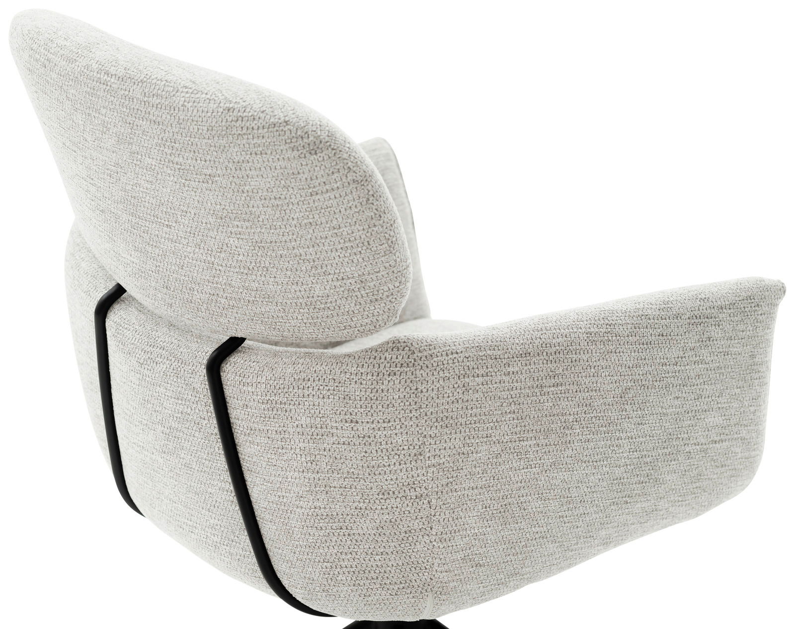 Rückansicht eines modernen Sessels mit hellgrauem Stoffbezug und schwarzem Metallgestell.