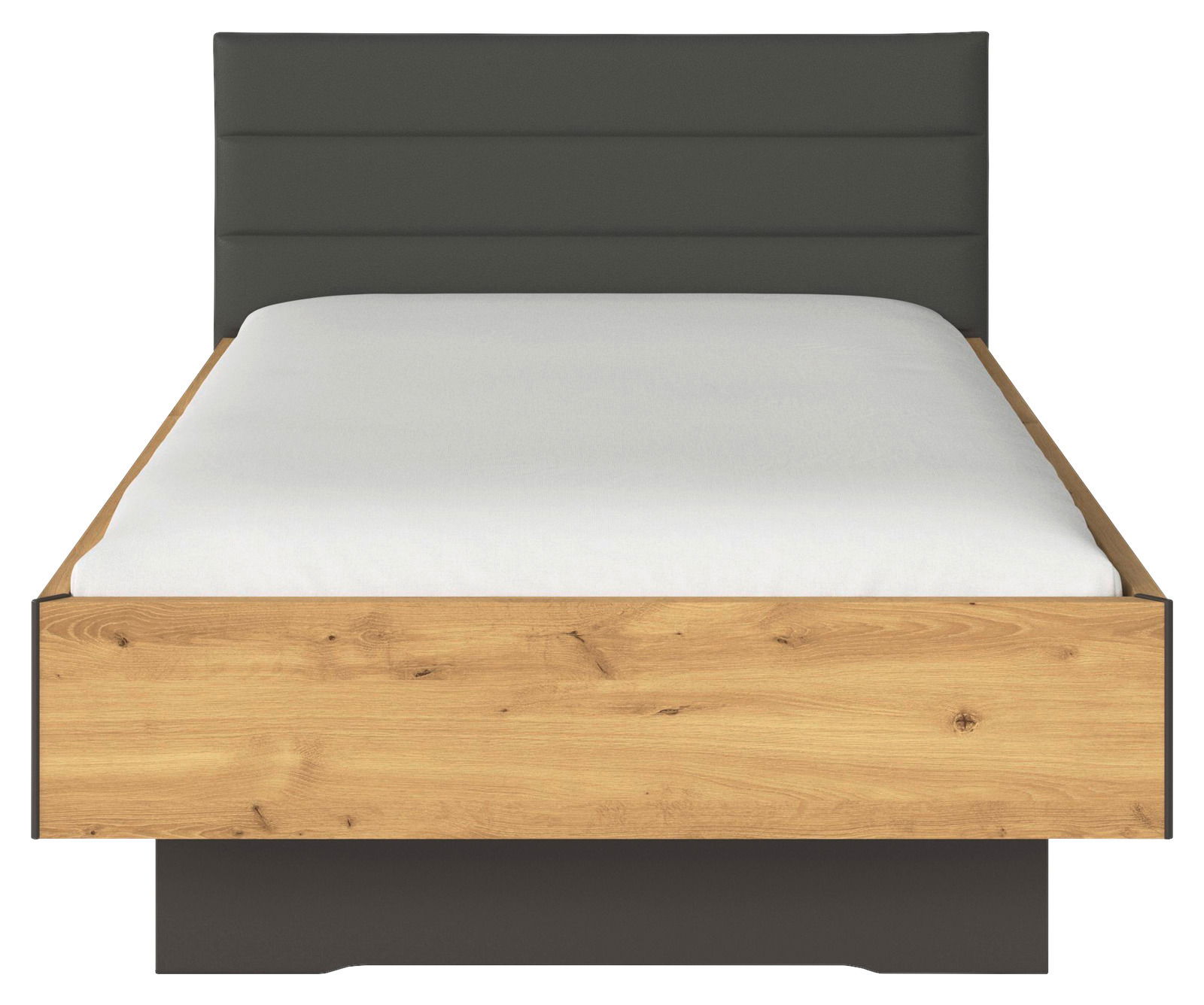 Frontale Ansicht eines modernen Einzelbetts mit Holzrahmen und gepolstertem Kopfteil in dunkler Farbe.