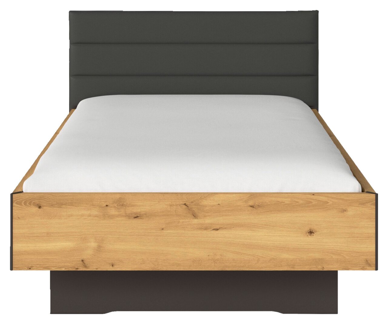 Frontale Ansicht eines modernen Einzelbetts mit Holzrahmen und gepolstertem Kopfteil in dunkler Farbe.