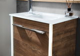Waschtisch mit Holzoptik und modernem Design, seitliche Perspektive