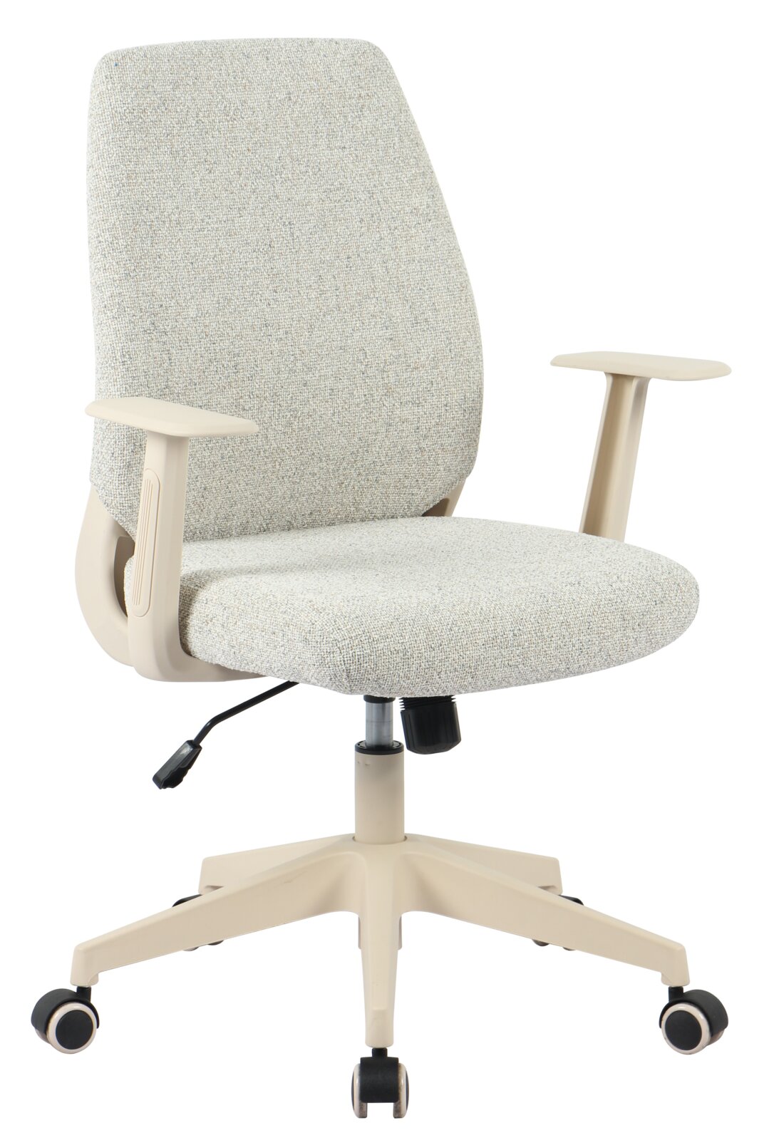 Hom´in Drehstuhl CAMBIO Heller ergonomischer Bürodrehstuhl mit gepolsterter Stoff-Sitzfläche und Rückenlehne, beigen Armlehnen und fünf Rollen, freigestellt auf weißem Hintergrund, Ansicht leicht schräg von vorne.