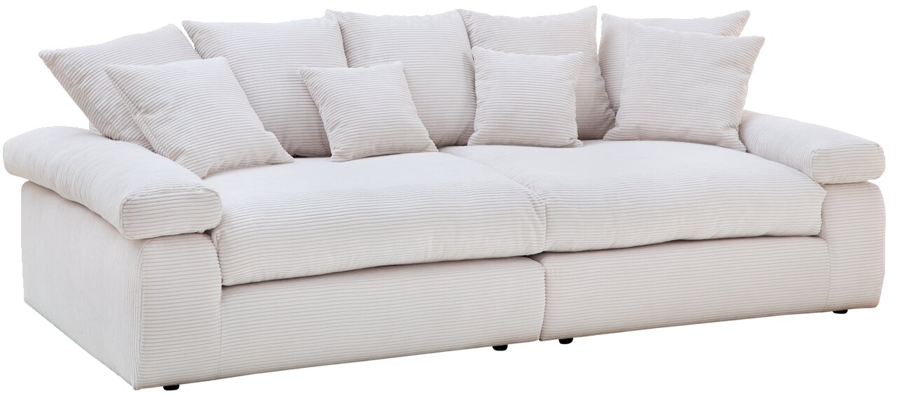 Großes, cremefarbenes Big-Sofa mit mehreren Kissen, Vorderansicht