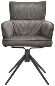 Grauer Armlehnstuhl mit gepolstertem Sitz und Rückenlehne, auf schwarzem Metallgestell, Frontalansicht
