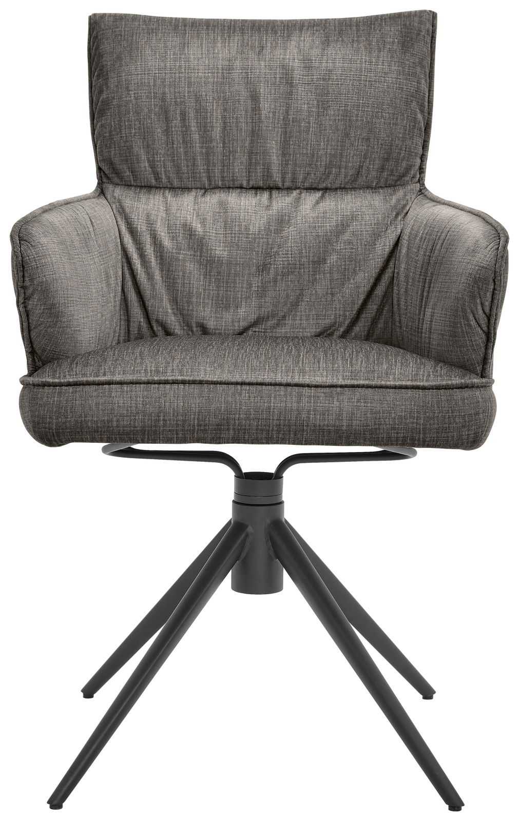 Grauer Armlehnstuhl mit gepolstertem Sitz und Rückenlehne, auf schwarzem Metallgestell, Frontalansicht