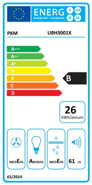 EU-Energielabel für PKM UBH3001X mit Effizienzklasse B, 26 kWh/annum und Geräuschpegel 61 dB; frontale Ansicht des Labels.